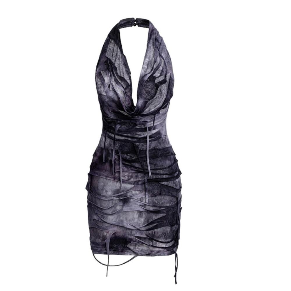 Micas Women's Small Purple Halter Backless Distressed Sexy Sleeveless Mini Dress